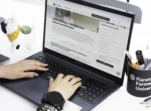 Persona escribiendo en un portátil con la página de un programa universitario de marketing y negocios internacionales abierta; al lado hay un celular, una maceta con forma de perro y un portalápices con bolígrafos.